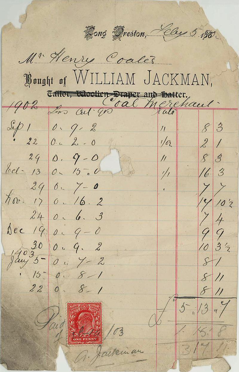 Bill for coal 1902.jpg - Coal Bill & Receipt to Mr Henry Coates from William Jackman - Coal Merchant - July 1902
